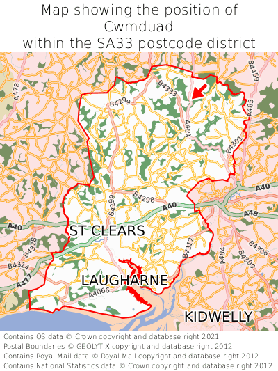 Map showing location of Cwmduad within SA33