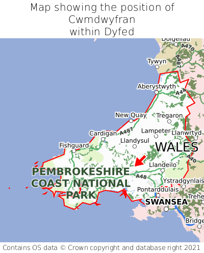 Map showing location of Cwmdwyfran within Dyfed
