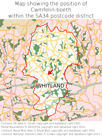 Map showing location of Cwmfelin-boeth within SA34