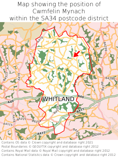 Map showing location of Cwmfelin Mynach within SA34