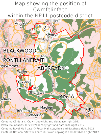 Map showing location of Cwmfelinfach within NP11