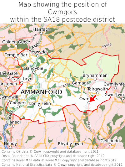 Map showing location of Cwmgors within SA18