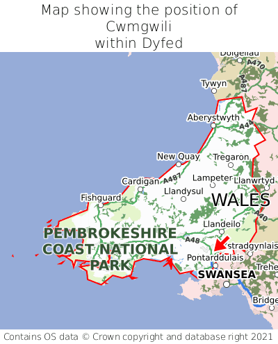 Map showing location of Cwmgwili within Dyfed