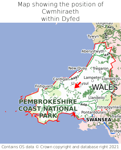 Map showing location of Cwmhiraeth within Dyfed