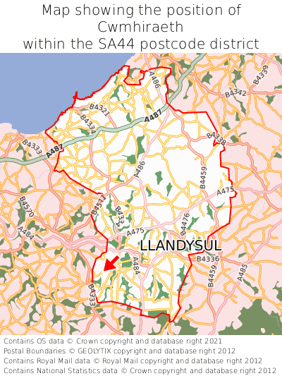Map showing location of Cwmhiraeth within SA44