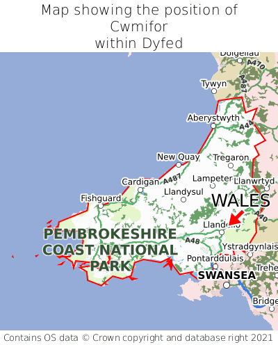 Map showing location of Cwmifor within Dyfed