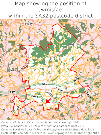 Map showing location of Cwmisfael within SA32