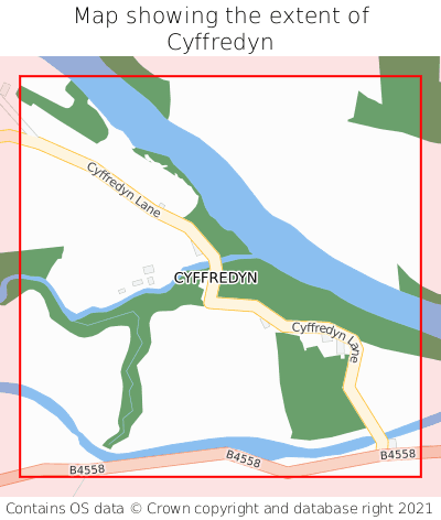 Map showing extent of Cyffredyn as bounding box