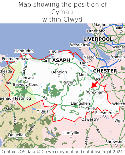 Map showing location of Cymau within Clwyd