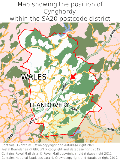 Map showing location of Cynghordy within SA20