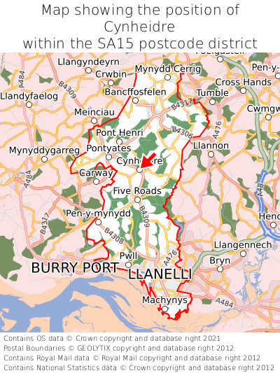 Map showing location of Cynheidre within SA15