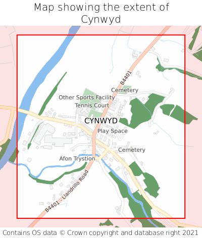 Map showing extent of Cynwyd as bounding box