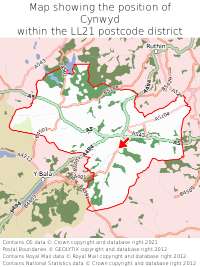 Map showing location of Cynwyd within LL21