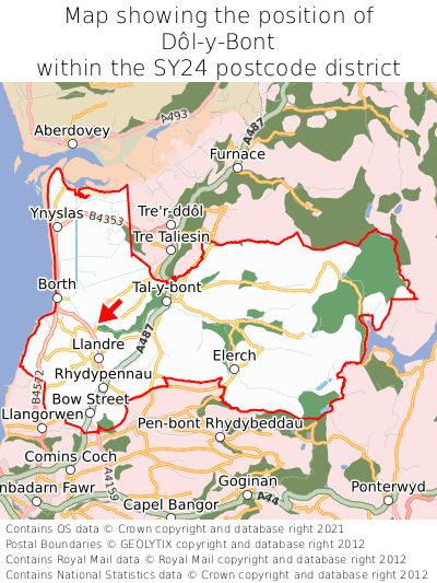 Map showing location of Dôl-y-Bont within SY24