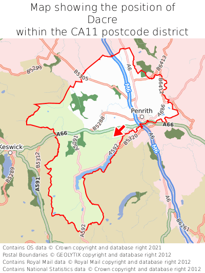 Map showing location of Dacre within CA11