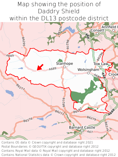 Map showing location of Daddry Shield within DL13