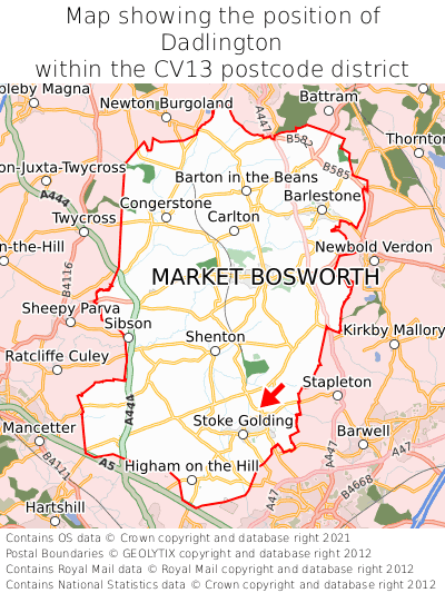 Map showing location of Dadlington within CV13