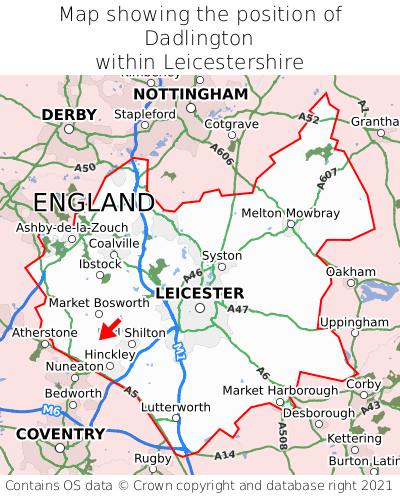 Map showing location of Dadlington within Leicestershire