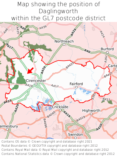 Map showing location of Daglingworth within GL7