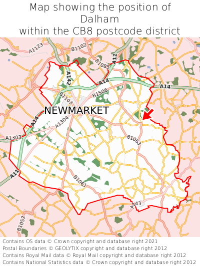 Map showing location of Dalham within CB8