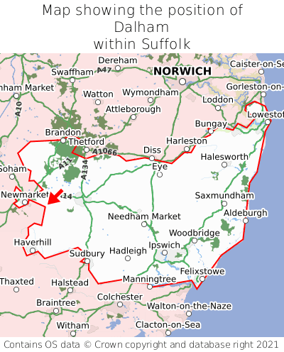 Map showing location of Dalham within Suffolk