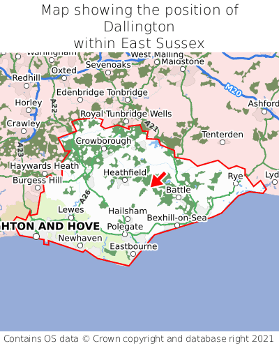 Map showing location of Dallington within East Sussex