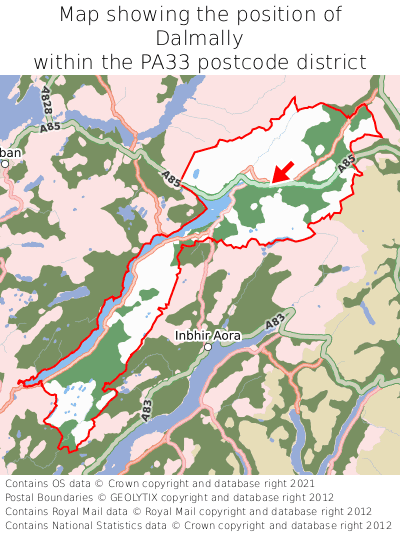 Map showing location of Dalmally within PA33