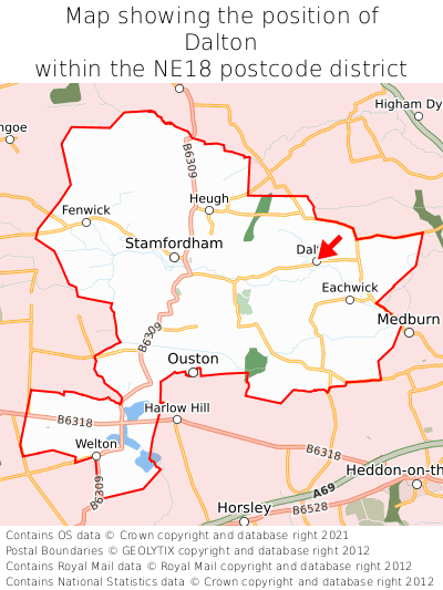 Map showing location of Dalton within NE18