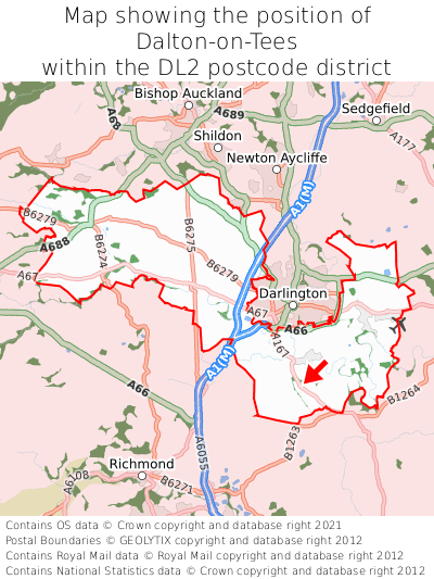 Map showing location of Dalton-on-Tees within DL2