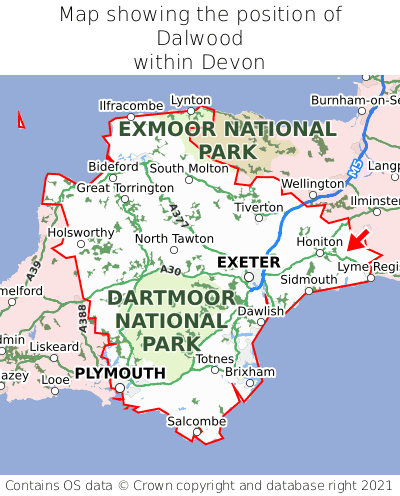 Map showing location of Dalwood within Devon
