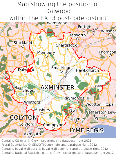 Map showing location of Dalwood within EX13