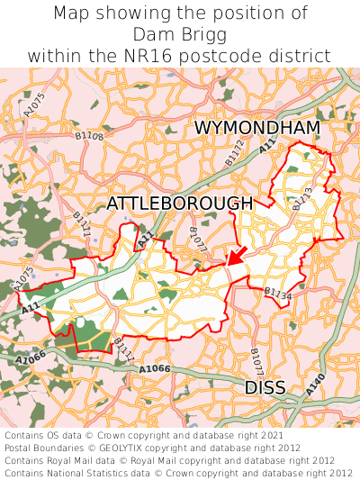 Map showing location of Dam Brigg within NR16