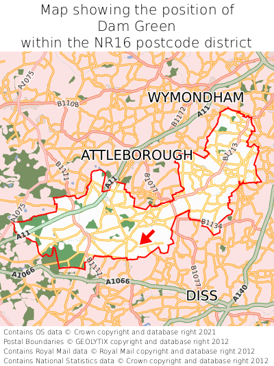 Map showing location of Dam Green within NR16