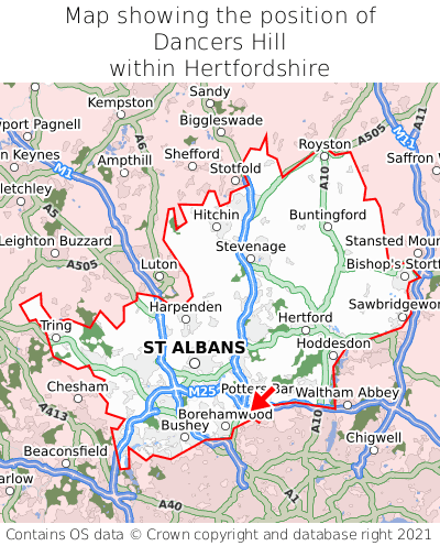 Map showing location of Dancers Hill within Hertfordshire
