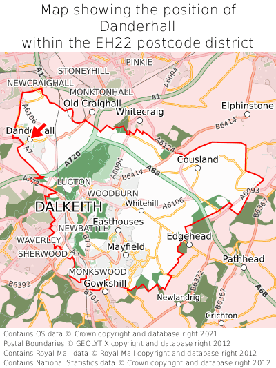 Map showing location of Danderhall within EH22