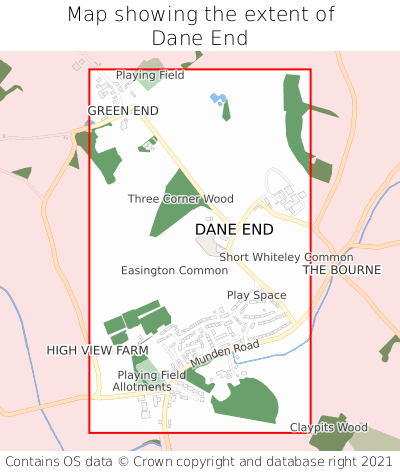 Map showing extent of Dane End as bounding box