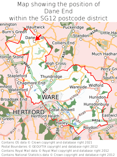 Map showing location of Dane End within SG12