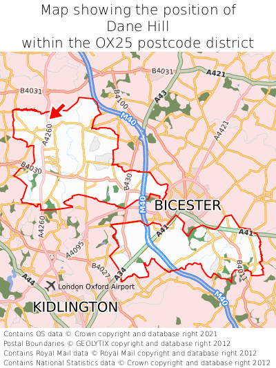 Map showing location of Dane Hill within OX25