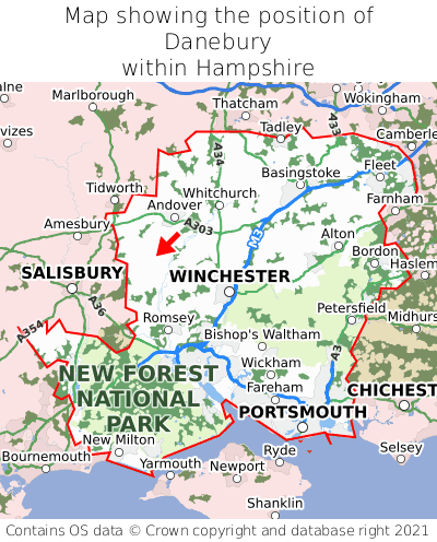Map showing location of Danebury within Hampshire