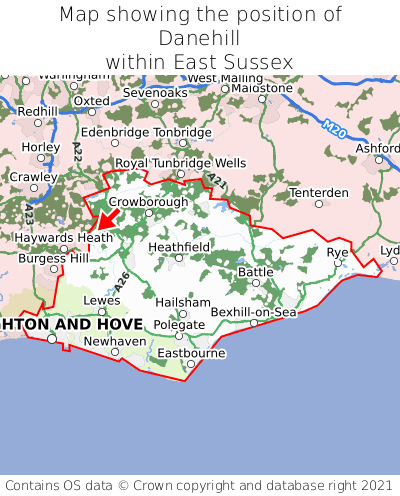 Map showing location of Danehill within East Sussex