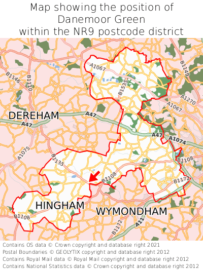 Map showing location of Danemoor Green within NR9