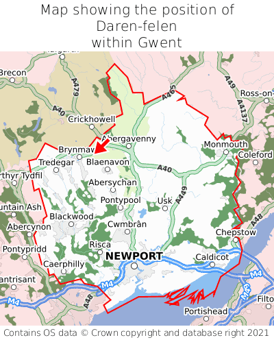 Map showing location of Daren-felen within Gwent