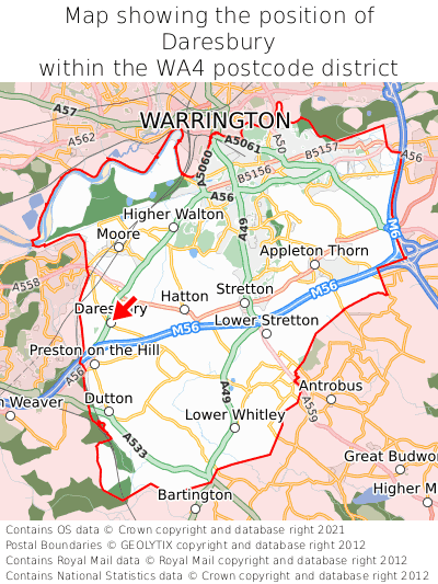 Map showing location of Daresbury within WA4