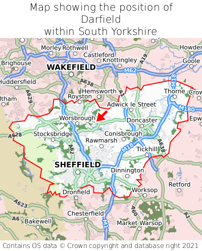 Map showing location of Darfield within South Yorkshire