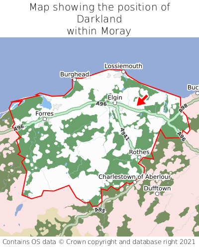 Map showing location of Darkland within Moray