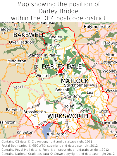 Map showing location of Darley Bridge within DE4