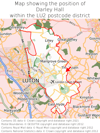 Map showing location of Darley Hall within LU2