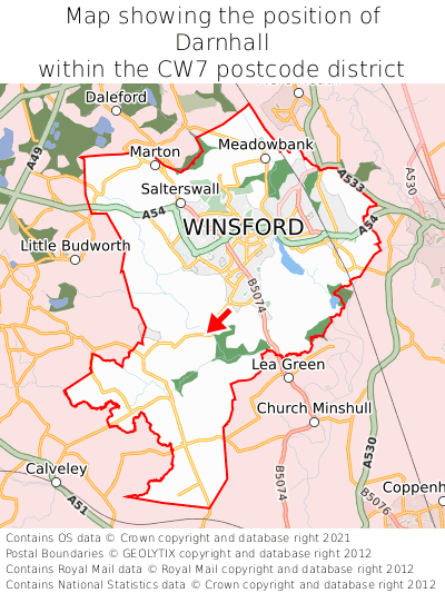 Map showing location of Darnhall within CW7