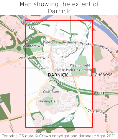 Map showing extent of Darnick as bounding box