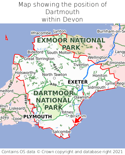 Map showing location of Dartmouth within Devon
